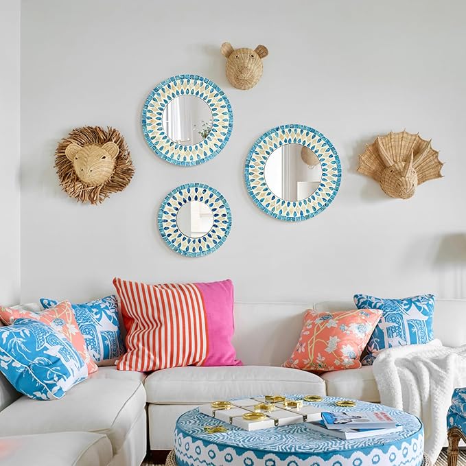 TEIPAI Handmade Mother of Pearl Mirror for Wall Decor, 3PCS Round Decorative Mirrors for Beach Nautical Home Hotel Coffee Shop, Natural Plate Art Hanging Sculpture for Dorm Apartment Entryway (Blue)-Ruum Studio Home
