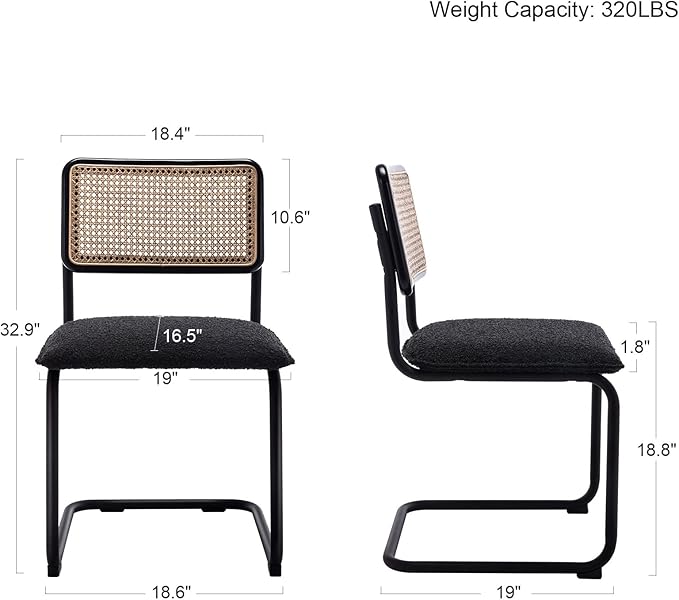 Mid Century Modern Rattan Dining Chairs Set of 4, Boucle Kitchen Chairs with Handwoven Mesh Rattan Backrest and Metal Legs, Upholstered Accent Side Chairs, Black-Ruum Studio Home