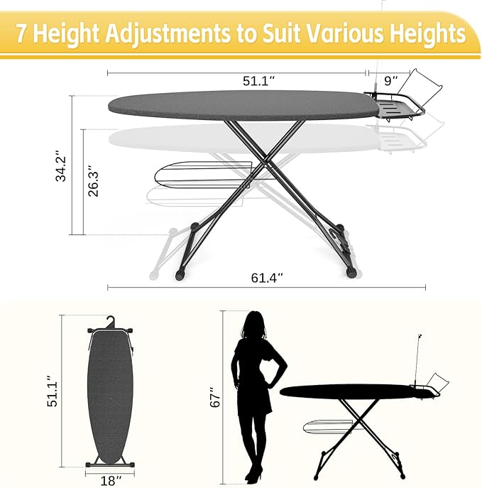 Full Size Ironing Board, 18x51 Iron Board with Metal Panel Stretchable Iron Rest, Adjustable Height Heavy Duty Heat & Scorch Resistant Cover Ironing Board, for Home, Laundry, Black-Ruum Studio Home