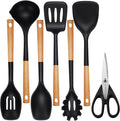 QMVESS Silicone Cooking Utensils Set, Kitchen Utensils Set 7 Pcs with Long Wooden Handle, Food Grade and Heat Resistant Large Silicone Spatula Set for Nonstick Cookware, BPA Free（Black）-Ruum Studio Home