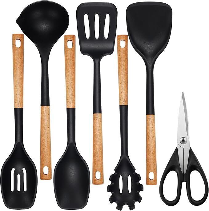 QMVESS Silicone Cooking Utensils Set, Kitchen Utensils Set 7 Pcs with Long Wooden Handle, Food Grade and Heat Resistant Large Silicone Spatula Set for Nonstick Cookware, BPA Free（Black）-Ruum Studio Home
