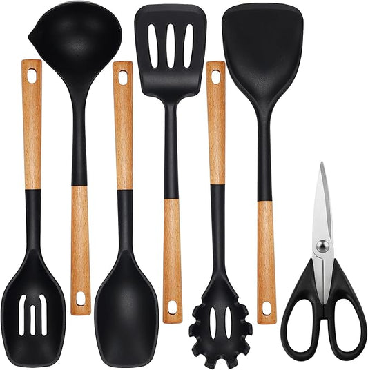 QMVESS Silicone Cooking Utensils Set, Kitchen Utensils Set 7 Pcs with Long Wooden Handle, Food Grade and Heat Resistant Large Silicone Spatula Set for Nonstick Cookware, BPA Free（Black）-Ruum Studio Home