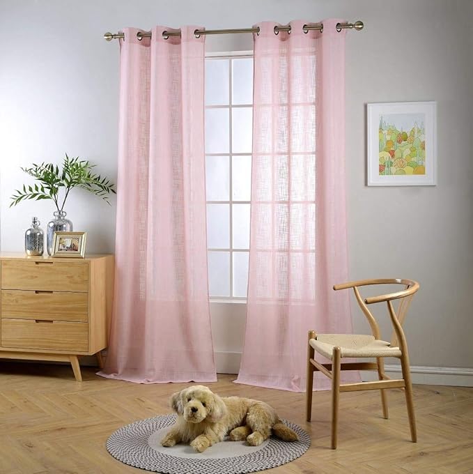 MIUCO Semi Sheer Curtains Poly Linen Textured Solid Grommet Curtains 95 Inches Long for Bedroom 2 Panels (2 x 37 Wide x 95" Long) Pink-Ruum Studio Home