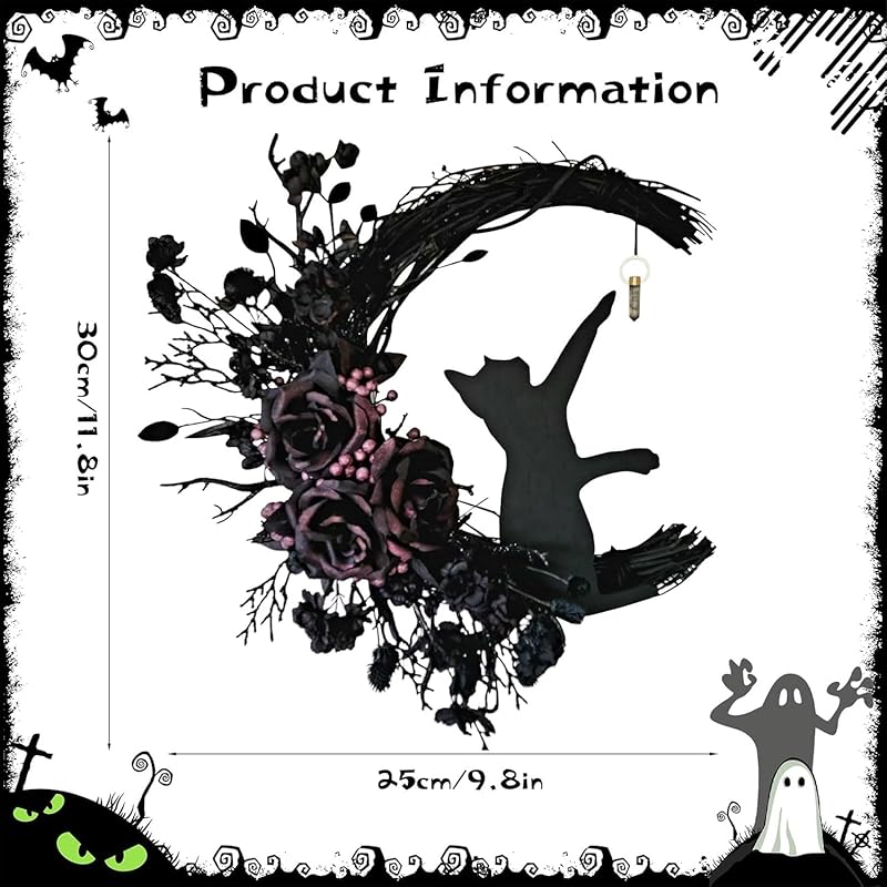 Halloween Wreaths for Front Door with Light, Black Cat on Moon Garland with Rose Wreath Decor, Halloween Decorations Crescent Moon Wreath for Home Party Window Wall Indoor Outdoor (black flower)-Ruum Studio Home