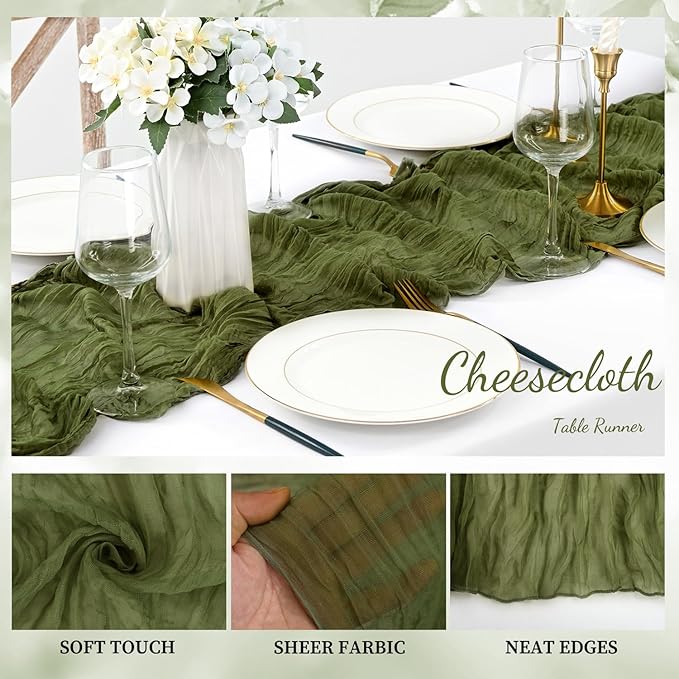 6 Pack Olive Green 10FT Cheesecloth Table Runner Rustic Gauze Cheese Cloth Table Runner for Wedding Bridal Baby Shower Table Decorations Boho Fabric Sheer Birthday Party Decor 20 x 120 Inch Long-Ruum Studio Home