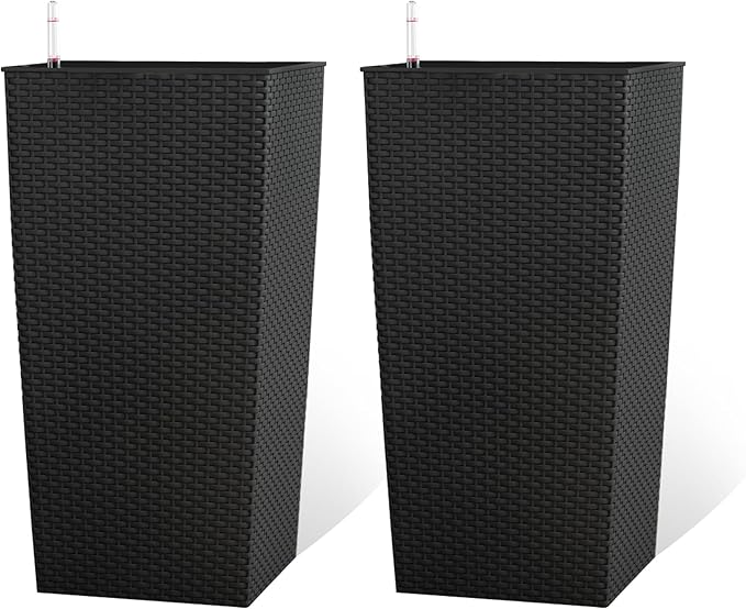 2Pcs 23in High Large Plant Pots Planter-Self-Watering,Modern Planter with Drain Holes,Water Level Monitor,Inner Bucket for Indoor/Outdoor Front Porch Patio,Black Rattan-Ruum Studio Home