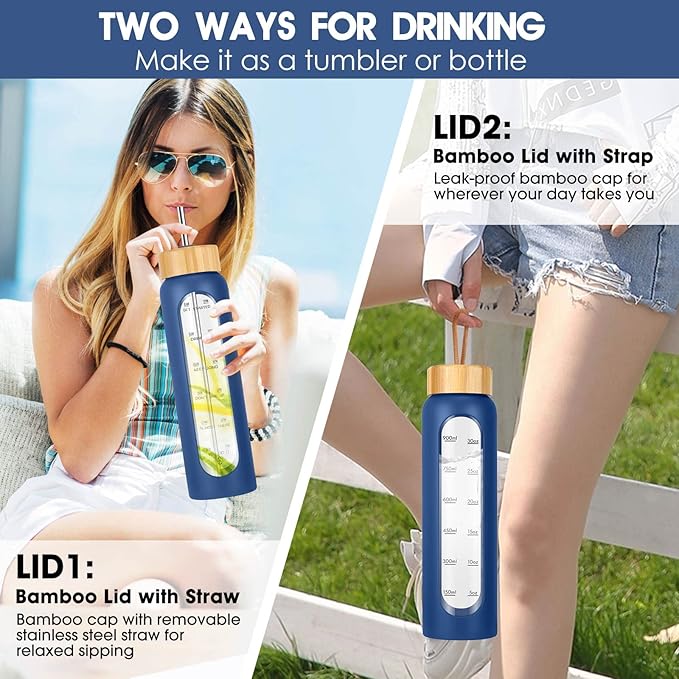 32 oz Glass Water Bottle with Straw - Motivational Time Marker & Silicone Sleeve - Reusable Tumbler Includes 2 Bamboo Lids & Fruit Infuser - 1 Pack-Ruum Studio Home