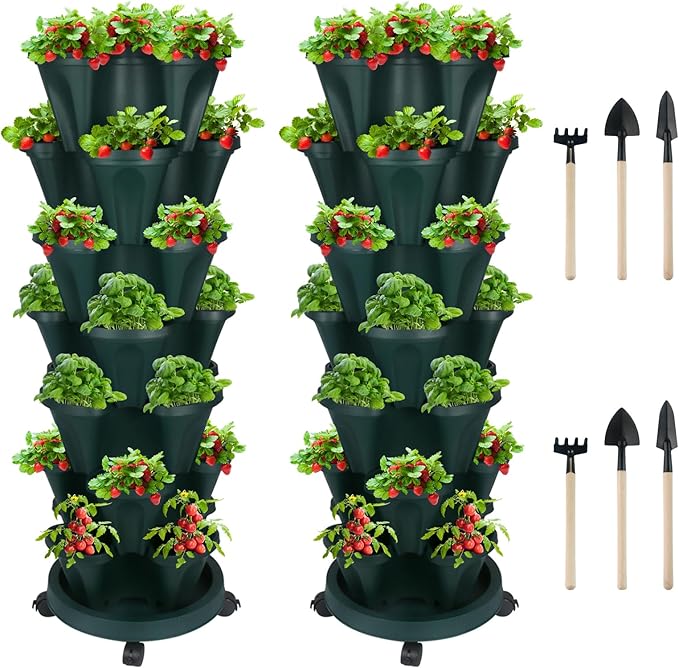 Vertical Planter 7 Tier Stackable Planters Garden Planters Strawberry Herb Flower and Vegetable Planter Indoor Outdoor Gardening Pots with Removable Wheels and Tools 2-Pack-Ruum Studio Home
