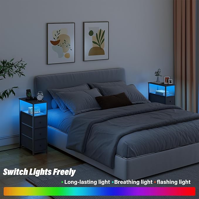 TUTOTAK Narrow LED Night Stand with Charging Station, Slim End Table with Plugins, Tall Side Table with 3 Fabric Drawer, Small Bedside Table with Storage, Set of 2, for Living Room, Black TB01BK073L-Ruum Studio Home