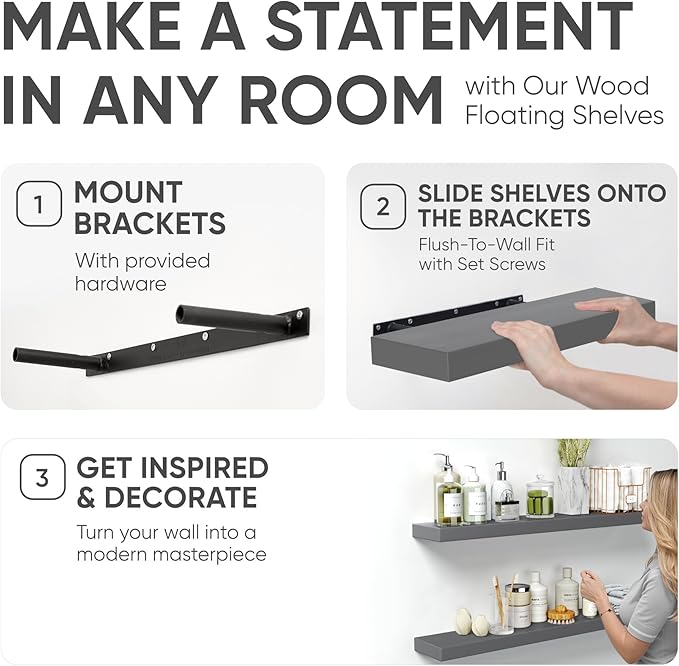 Homeforia 36 inch Gray Floating Shelves, High End Solid Real Wood 36inch Floating Shelf for Wall Mounted, Grey Wooden 36 inches Long Floating Shelves, Heavy Duty Bracket, 36 X 6.5 X 1.75 in, Set of 2-Ruum Studio Home