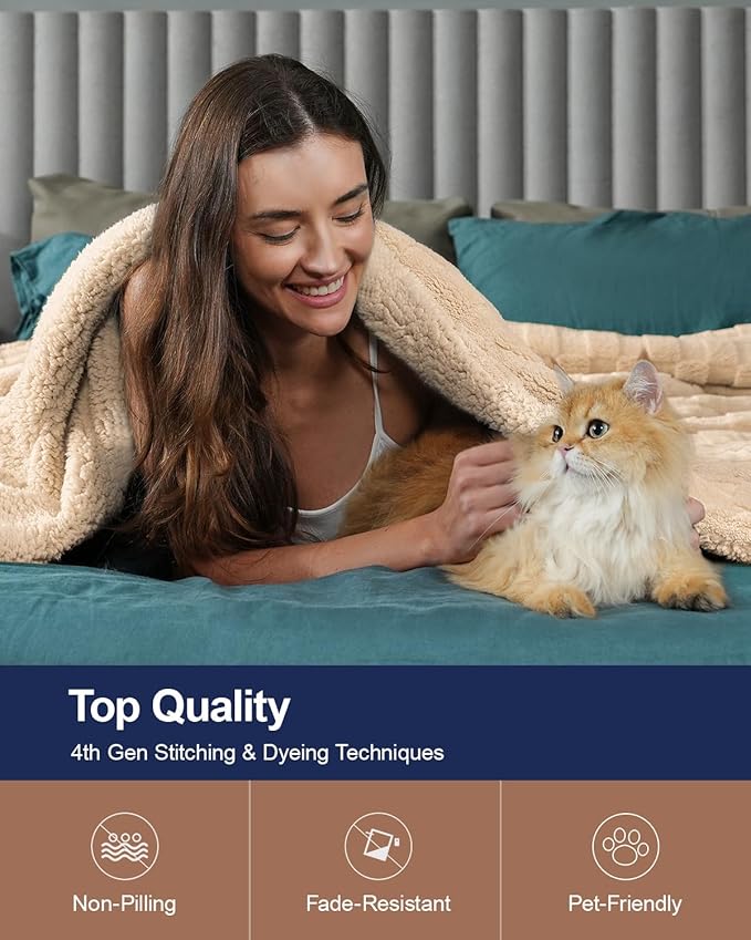 Pawque Super Soft Cozy Throw Blanket for Couch Sofa Bed - Fluffy Sherpa Fleece Reversible Thick Warm Fuzzy Blanket for All-Season, 3D Checkered Jacquard Elegant Decorative Blankets, Khaki, 50" x 60"-Ruum Studio Home