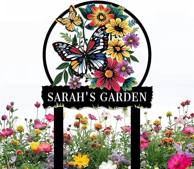 Personalized Butterfly Metal Sign with Stake,Custom Gardener Family Name Signs Outdoor Decorate,Customized Garden Accessories Decor for Mother's Day,Sunflowers Plaques for Patio Lawn Porch Backyard-Ruum Studio Home