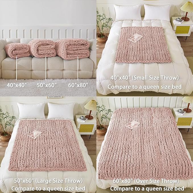 WESHIONGOO Chunky Knit Blanket Throw 40"×40" Knitted Throw Blankets for Couch Bed Fluffy Soft Blanket with Jumbo Chenille Yarn Thick 100% Handmade(Pink)-Ruum Studio Home