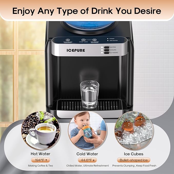 ICEPURE 3-in-1 Water Dispenser with Ice Maker, Water Cooler Dispenser for 5 Gallon Bottle Built-in Bullet Ice Maker Top Loading, Hot and Cold Water Dispenser for Home/Office, 33lbs/24H, Child Lock-Ruum Studio Home