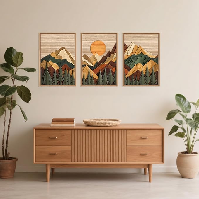 Celestdeco Woodcut Style Mountain Framed Canvas Wall Art Set, Large Brown Ridge Wall Decor, Boho Pine Tree Wall Painting, Abstract Wooden Art Print for Living Room, Bedroom, Office - 24"X36"X3(Not-3D Effect)-Ruum Studio Home