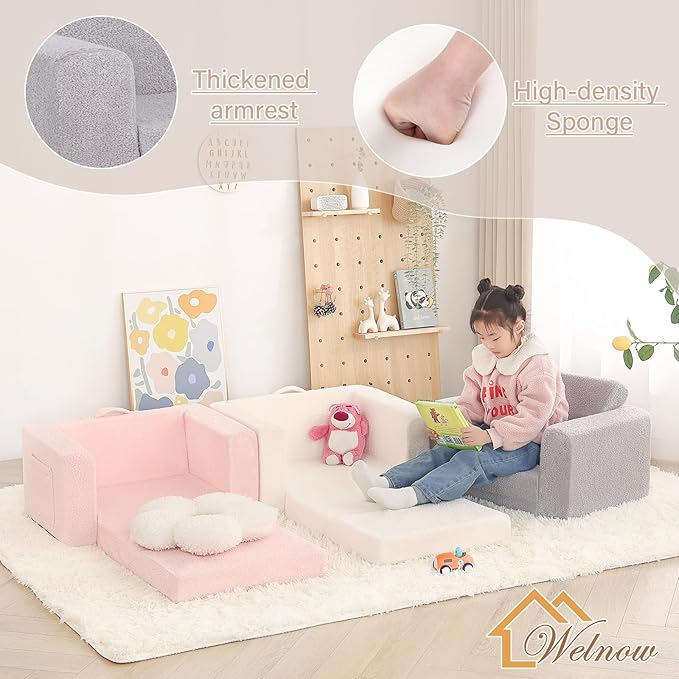 Welnow 2-in-1 Kids Sofa Chair, Convertible Toddler Chair Flip Out Children Sofa Chair Folding Kids Play Sofa with Side Pockets & Removable Cover Armrest Chair for Girl or Boy-Ruum Studio Home