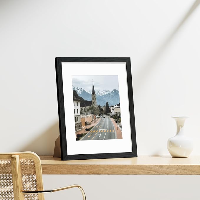 Vittanly 11x14 Picture Frames Set of 9, Shatter Resistant Plexiglass, Display 8x10 Pictures with Mat or 11x14 without Mat, Photo Frames for Wall or Tabletop, Engineered Wood, Black-Ruum Studio Home