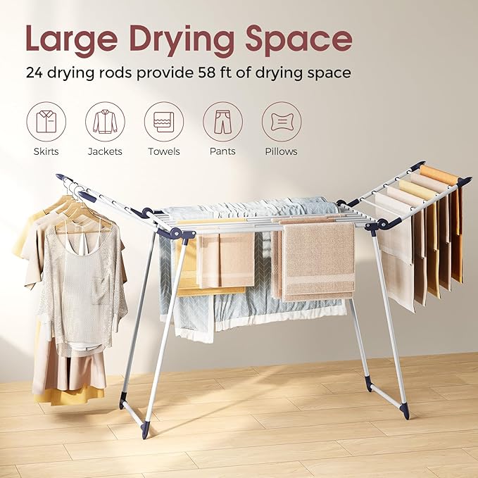 APEXCHASER Clothes Drying Rack Foldable, Large Drying Rack Clothing, Winged Laundry Rack Folding Indoor Outdoor, Metal Clothes Airer for Bedding Towel Sweater Heavy Duty, 68.9" X 22" X 39.3", White-Ruum Studio Home