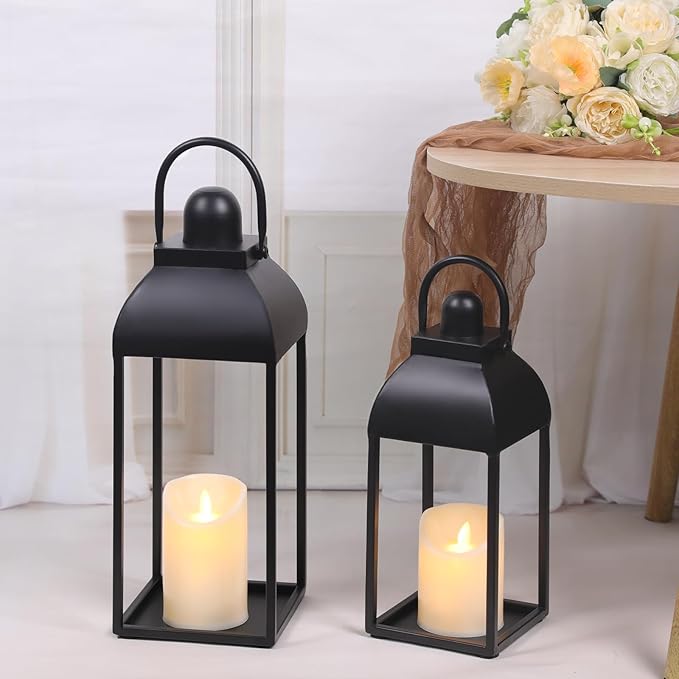 Lanterns Decorative Outdoor Indoor, Black Metal Outdoor Lanterns, 17'' 13'' Set of 2 Modern Farmhouse Candle Lantern Halloween Lanterns Centerpieces for Home, Wedding, Patio, Porch, Mantel-Ruum Studio Home