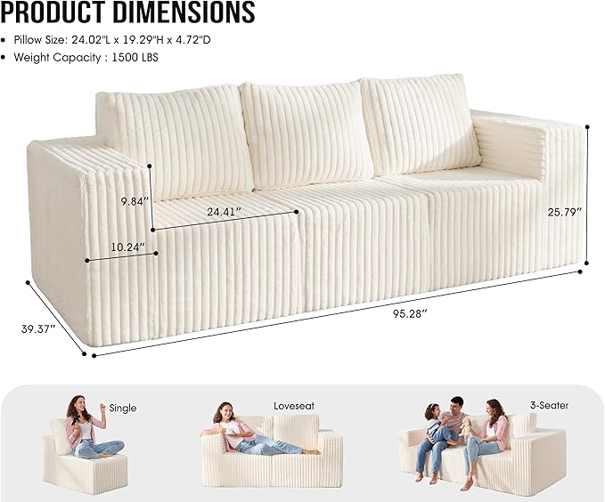 Modular Sectional Sofa 3-Seater Modular Couch with Deep Seat Memory Foam Cloud Chair with Pillows Oversized Sectional Sofa for Living Room Bedroom (Strip White, 3-Seater)-Ruum Studio Home