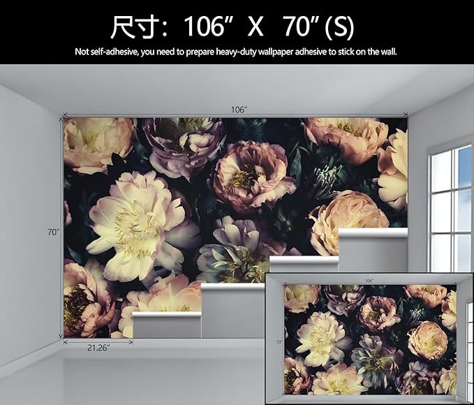 Dark Vintage Floral Wallpaper Large Peony Flowers Wall Mural Bedroom (Not Peel and Stick)-Ruum Studio Home