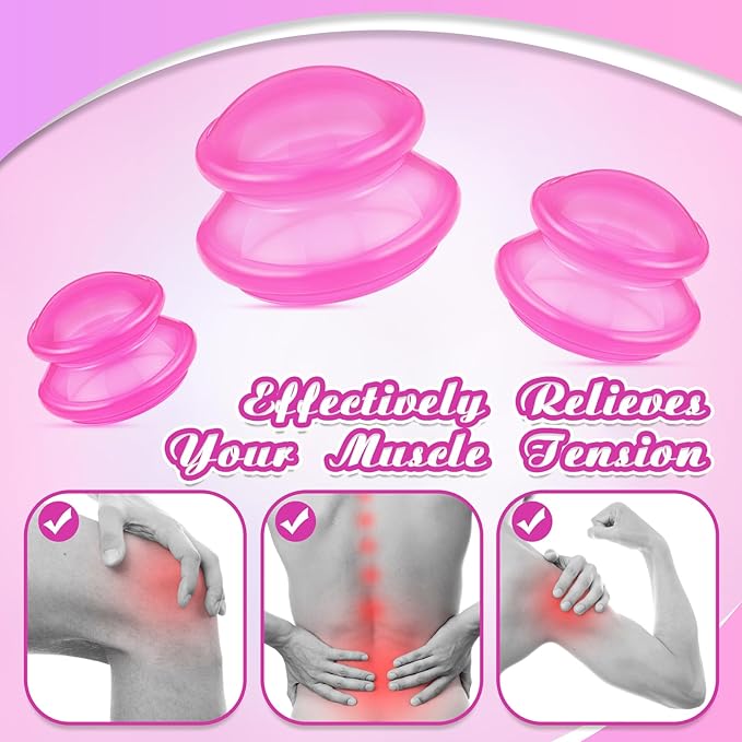 TrelaCo 6 Pcs Cupping Kit for Massage Therapy 3 Sizes Silicone Cupping Set Chinese Massage Therapy for Studio Household Cellulite Joint Pain Muscle Pain(Clear Hot Pink)-Ruum Studio Home
