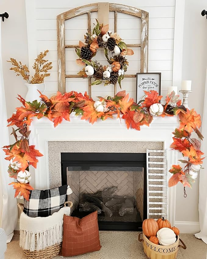 DearHouse 6ft Pumpkin Fall Maple Leaves Garland - Artificial Autumn Foliage Hanging Vine for Thanksgiving, Home, Wedding, Fireplace, Party, Christmas Decor (Orange & Brown)-Ruum Studio Home