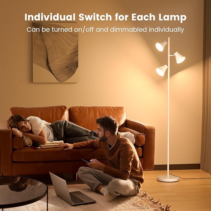 36W LED Tree Floor Lamp, Dimmable Tall Standing Lamp with Remote & Touch Control, 4 Color Temperatures Bright Floor Lamp, 3 Rotatable Light Modern Floor Lamps (White)-Ruum Studio Home