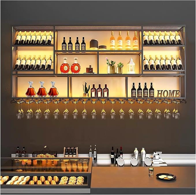 51Inch Wall Mounted Wine Rack, 3 Tiers Large Bar Shelves with 12 Glass Holder, Metal Wine Bottle Display Shelf, Modern Iron Liquor Shelf, for Kitchen Dining, Home Bar, Cellar (51.1" W)-Ruum Studio Home