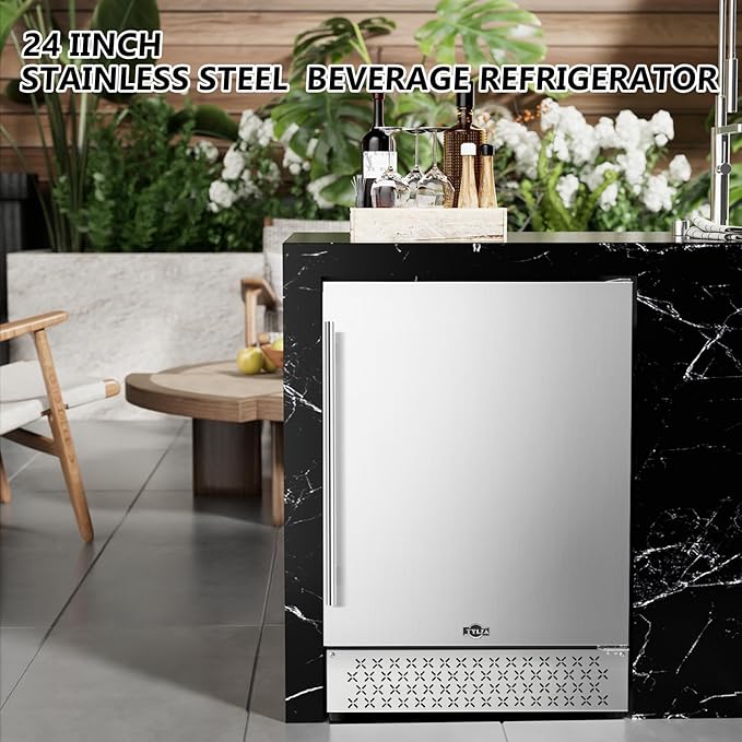 Tylza Outdoor Beverage Refrigerator 24 Inch, Stainless Steel Under Counter Beverage Cooler, 190 Cans Beer Fridge Built-in and Freestanding Beverage Fridge-Ruum Studio Home