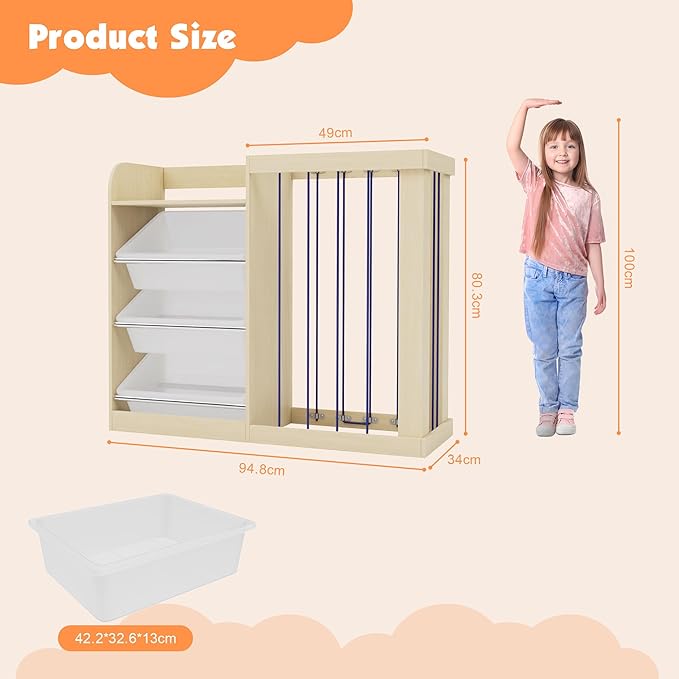 Kids Toy Storage Organizer with 3 Removable Plastic Bins Toddler Montessori Bookshelf with Stuffed Animal Net Holder Baby Bookcase Plush Organizer for Playroom, Bedroom,,Kids Room,Classroom,Nursery-Ruum Studio Home