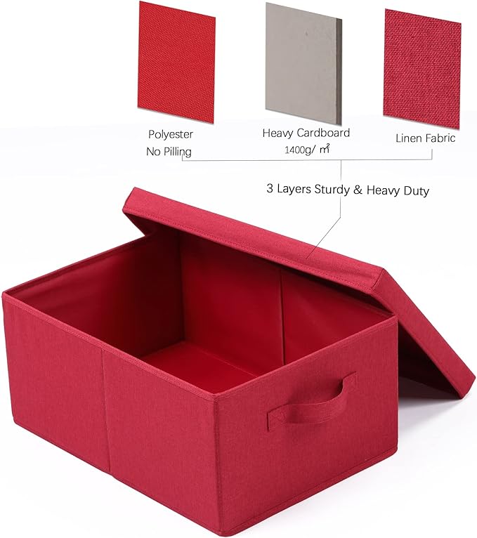 HOONEX Storage Bins with Lids for Organizing, Pack of 2, Storage Boxes with 2 Carrying Handles and Sturdy Heavy Cardboard, 16.5" L x 11.8" W x 7.5" H for Shoes, Books, Clothes, Red-Ruum Studio Home