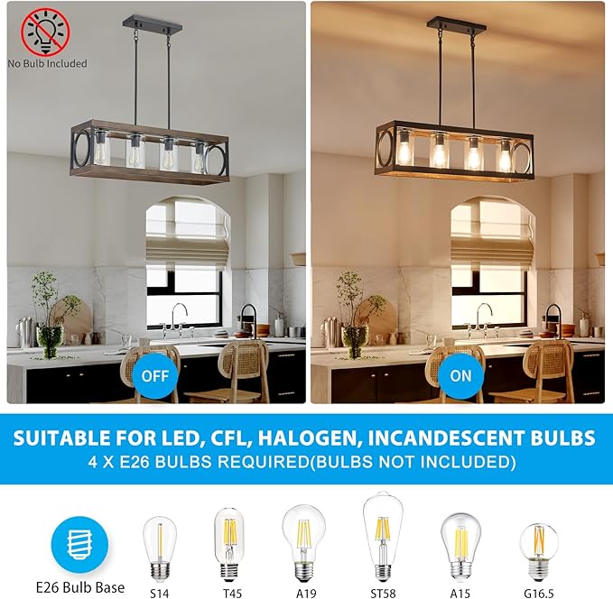 XINGQI Rectangle Chandeliers 31.5" Farmhouse Kitchen Island Lighting Fixture Over Table Modern Vintage Linear Hanging 4-Light for Dining Room Living Room Black Wood Grain Finish with Glass Lampshade-Ruum Studio Home