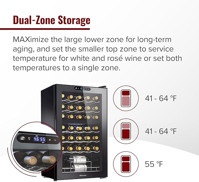 Wine Enthusiast 32-Bottle Dual Zone MAX Compressor Wine Cooler – Freestanding Mini Fridge with Digital Touchscreen, LED Display, Split Storage for Red & White Wines, Matte Black Refrigerator Home Bar-Ruum Studio Home