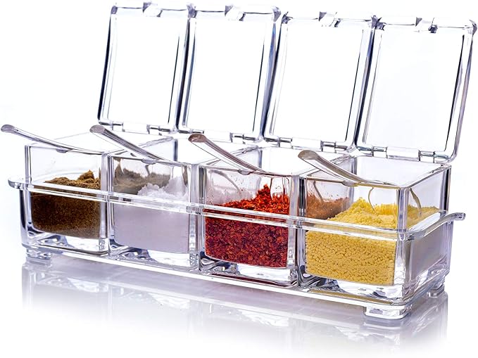 ME.FAN Clear Seasoning Rack Spice Pots - 4 Piece Acrylic Seasoning Box - Storage Container Condiment Jars - Cruet with Cover and Spoon-Ruum Studio Home