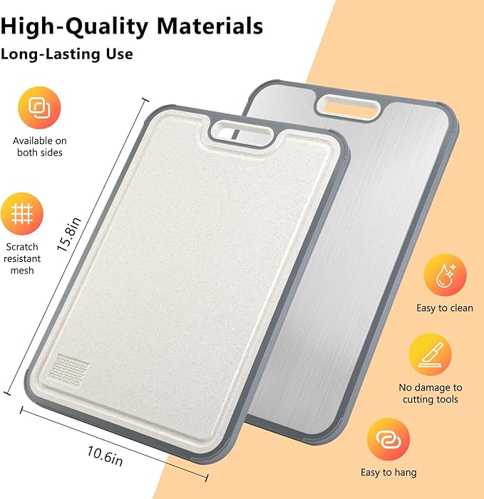 Titanium Cutting Board for Kitchen, Double Sided Cutting Boards for Meal Prep with Pure Titanium and Wheat Straw PP, Dishwasher Safe Chopping Board for Meat Vegetables Fruits, Large Size, 16”×11”-Ruum Studio Home