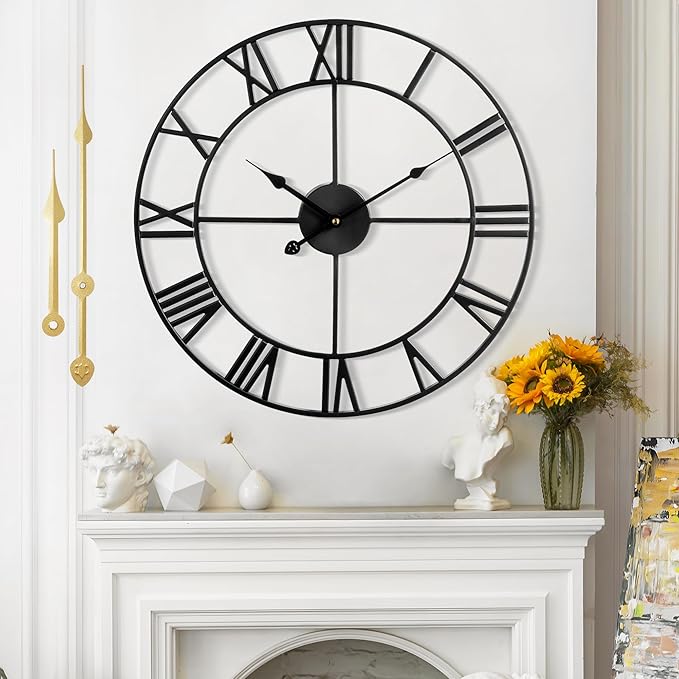 Large Wall Clock - 40cm/ 16 Inches Silent Non-Ticking Metal Wall Clock, Black, Vintage Modern Style, Battery Operated, Ideal for Living Room, Bedroom, Office, Farmhouse Decor-Ruum Studio Home