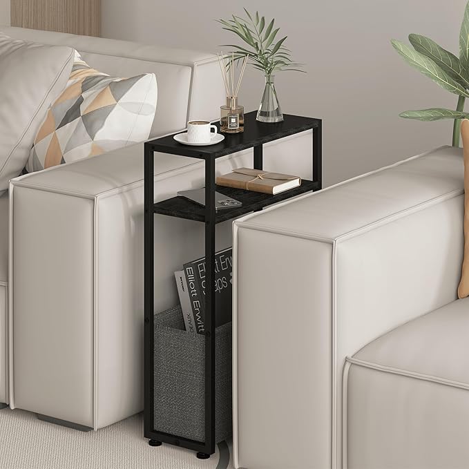 Narrow Side Table, Slim End Tables with Fabric Basket, Skinny Table for Small Spaces, Thin Bedside Table for Living Room, Bedroom (1, Ebony Black + Slate Gray)-Ruum Studio Home