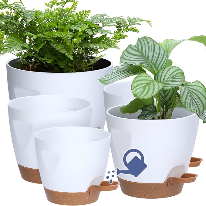 Uneed Indoor Self Watering Planters with Drainage Holes and Saucers, 7/6.5/6/5.5/5 Inch-5 Pots,for Indoor Plants, Herbs, Succulents (White)-Ruum Studio Home