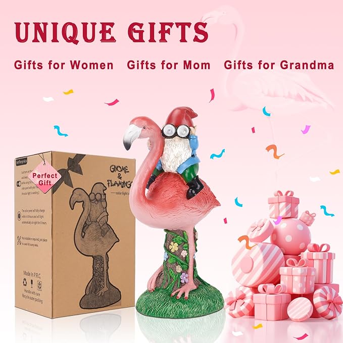 Solar Flamingo Gnome Garden Decor Statue, Outdoor Funny Solar Light Decoration for Yard, Patio, Lawn, Unique Housewarming, Birthday Gift for Women, Mom, Grandma-Ruum Studio Home