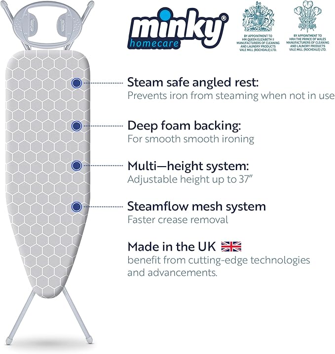 Minky Homecare Classic 4-Leg Ironing Board with Iron Rest - Freestanding Full Size Iron Board for Clothes Pressing with 43" x 14" Surface - Grey Honeycomb-Ruum Studio Home