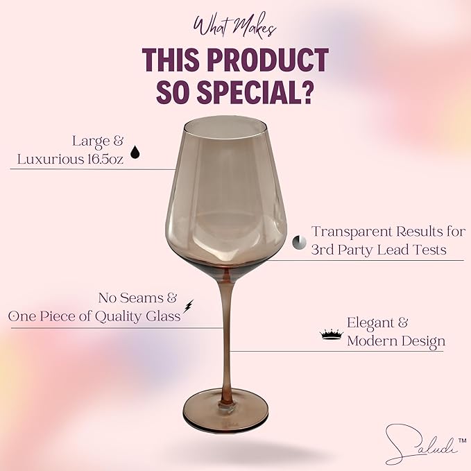 Saludi Colored Wine Glasses, 16.5oz (Set of 6) Stemmed Multi-Color Glass - Great for all Wine Types and Occasions - Luxury, Durable, Hand-Blown-Ruum Studio Home