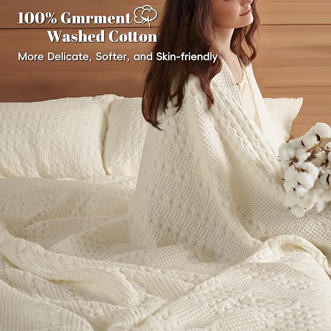 PHF 100% Cotton Waffle Weave Blanket Queen Size, Soft Lightweight Breathable Cozy Summer Blankets for Bed, Luxury Aesthetic Woven Bedding for Home Decor, 90"x90", Cannoli Cream-Ruum Studio Home