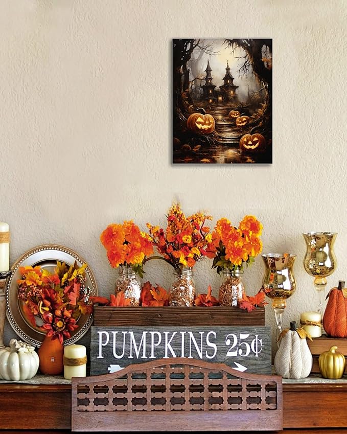 AbcCustomize Halloween Canvas Wall Art - Spooky Haunted House & Eerie Pumpkins Poster, Gothic Fall Decorations for Home, Vintage Halloween Decor Indoor for Living Room, Bedroom & Party-Ruum Studio Home