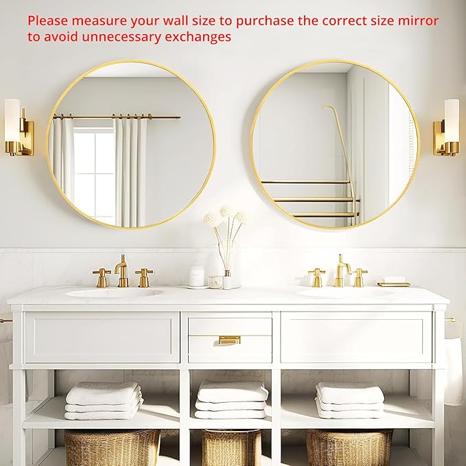 Fabuday Gold Circle Mirror for Bathroom - 24 Inch Golden Framed Round Mirror for Wall Decor, Living Room, Bedroom, Entryway Circular Mirrors-Ruum Studio Home