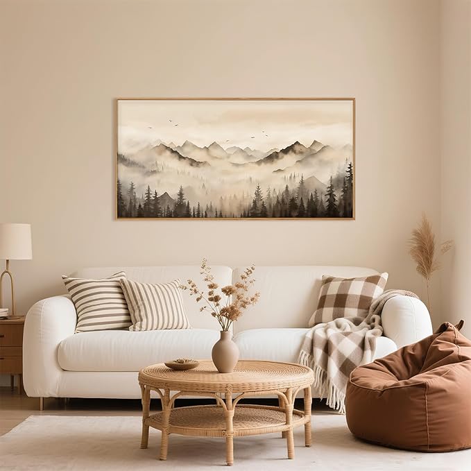 Nature Misty Forest Framed Canvas Wall Art Set, Foggy Landscape Wall Decor, Watercolor Pine Tree Wall Painting, Large Mountains Art Print for Living Room, Bedroom, Office - 20"X40"-Ruum Studio Home