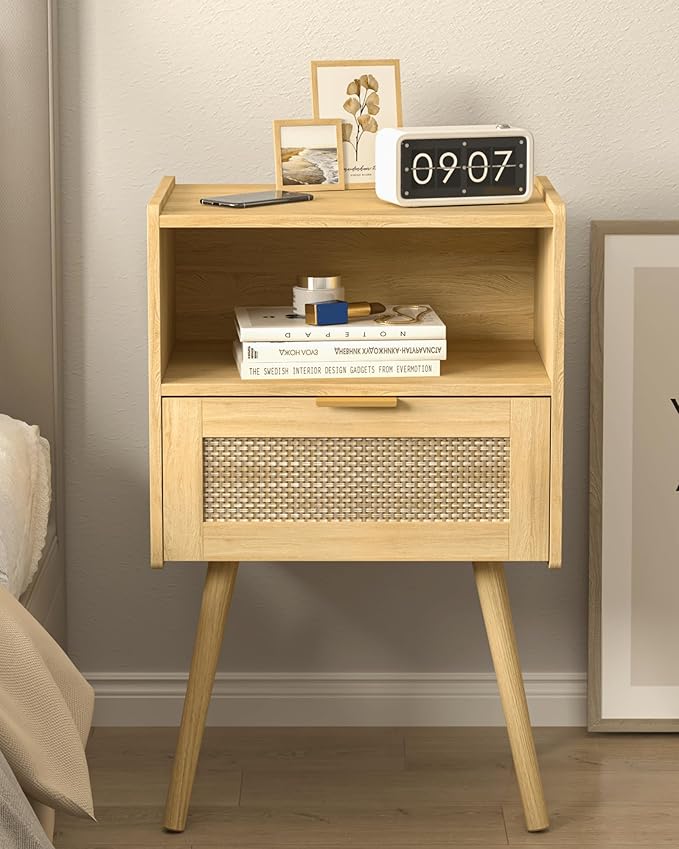 Rattan Nightstand,Modern Bedside Table with Storage Drawer and Open Wood Shelf, for Living Room, Bedroom and Small Spaces, Accent Night Stand with Solid Wood Legs, Easy Assembly,(Oak)-Ruum Studio Home