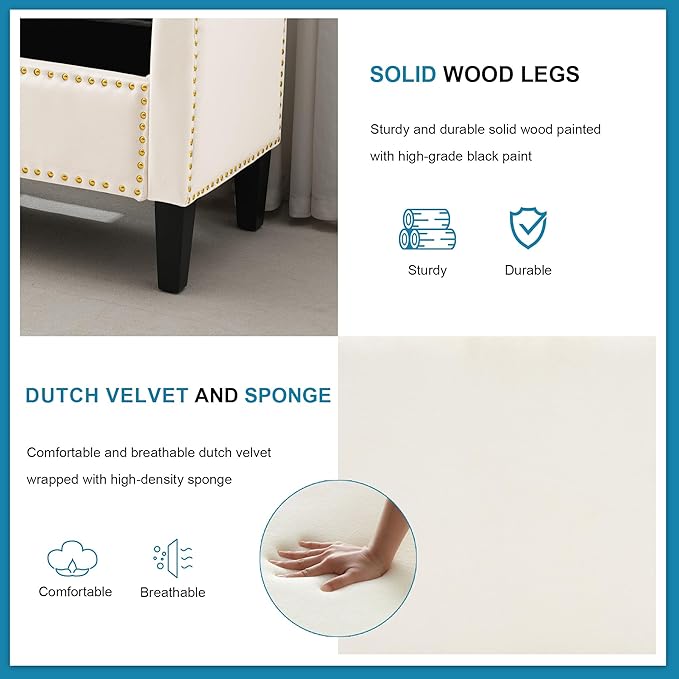 Storage Ottoman Bench, Velvet Upholstered Footstool for Bedroom and Living Room, Tufted Seat with Storage, Wooden Legs & Metal Rivets, Beige-Ruum Studio Home