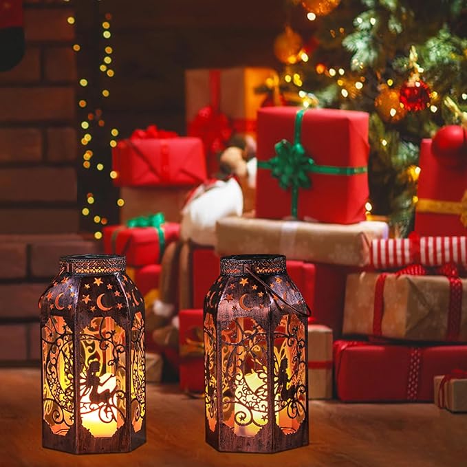 Solar Lanterns Outdoor Garden Hanging Lantern Waterproof LED Metal Bronze Moon Fairy Lantern Waterproof Flickering Flameless Candle Mission Lights for Table,Patio,Mother's Day Gift(2Pack)-Ruum Studio Home