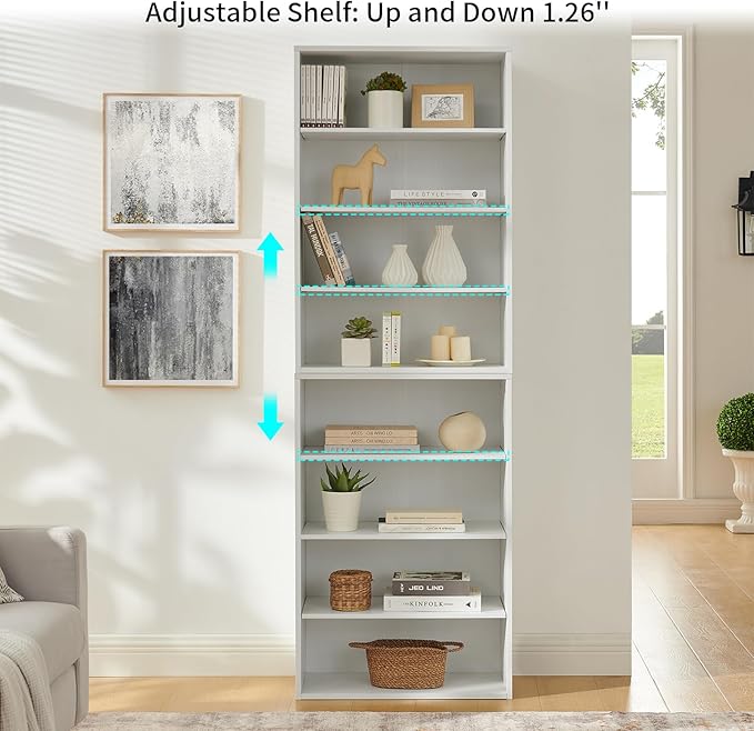 71 Inch Tall 8-Shelf Bookcase, Wood Bookshelf Storage Organizer Adjustable Shelf for Home Office Living Room, Converts into Two 4-Shelf Bookshelves, White-Ruum Studio Home